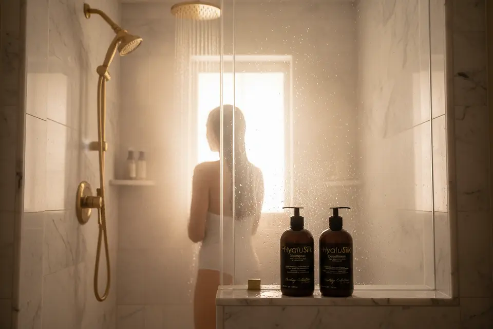 Persona bañándose en un baño de hotel con la línea HyaluSilk